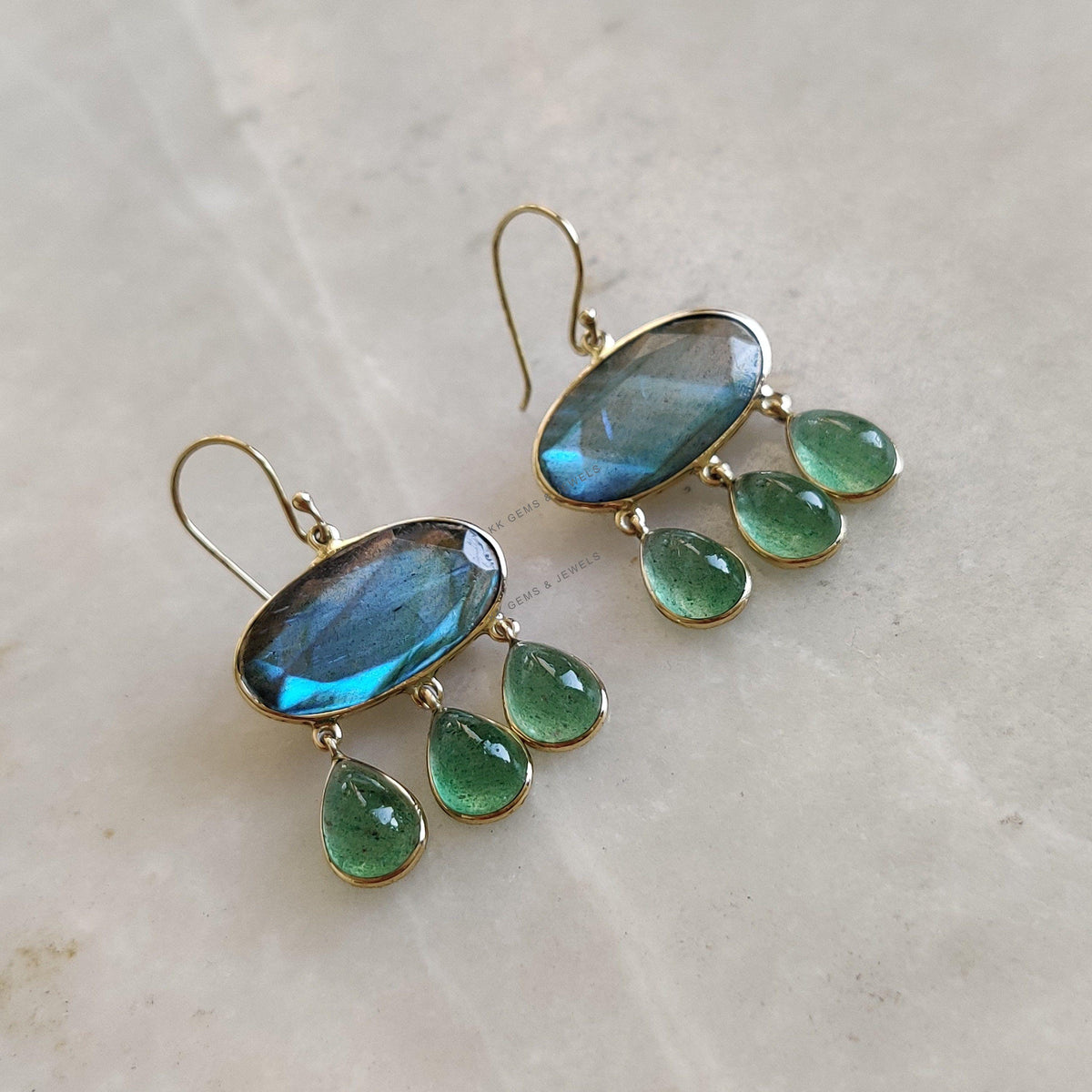 14K Solid Gold Natural Labradorite & Green Aventurine Drop Earrings, November Birthstone