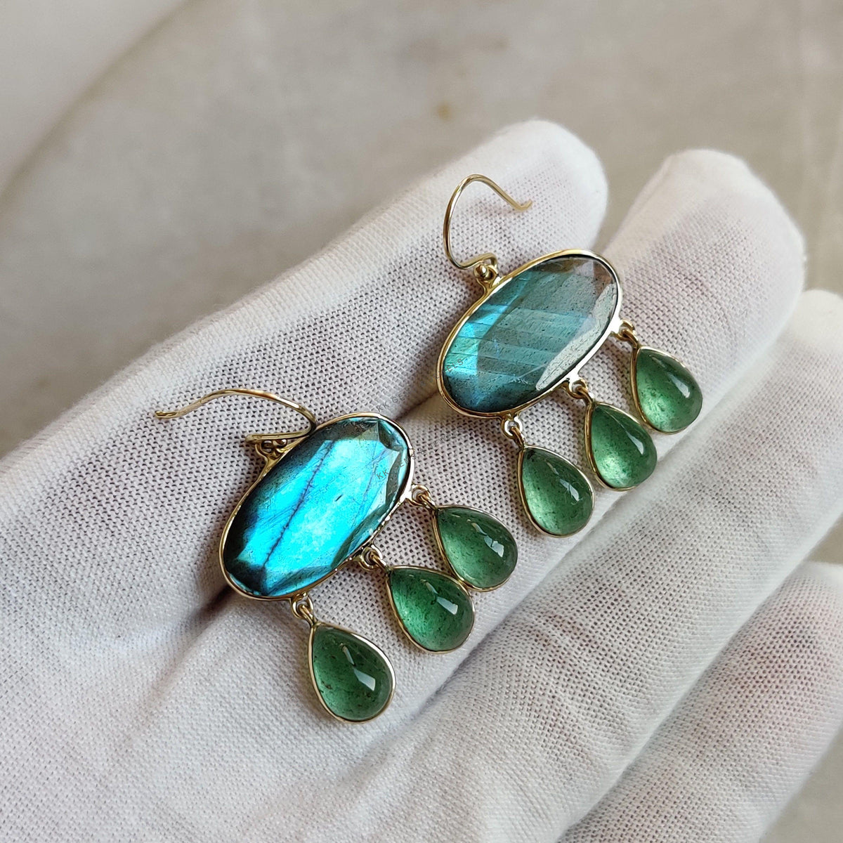 14K Solid Gold Natural Labradorite & Green Aventurine Drop Earrings, November Birthstone