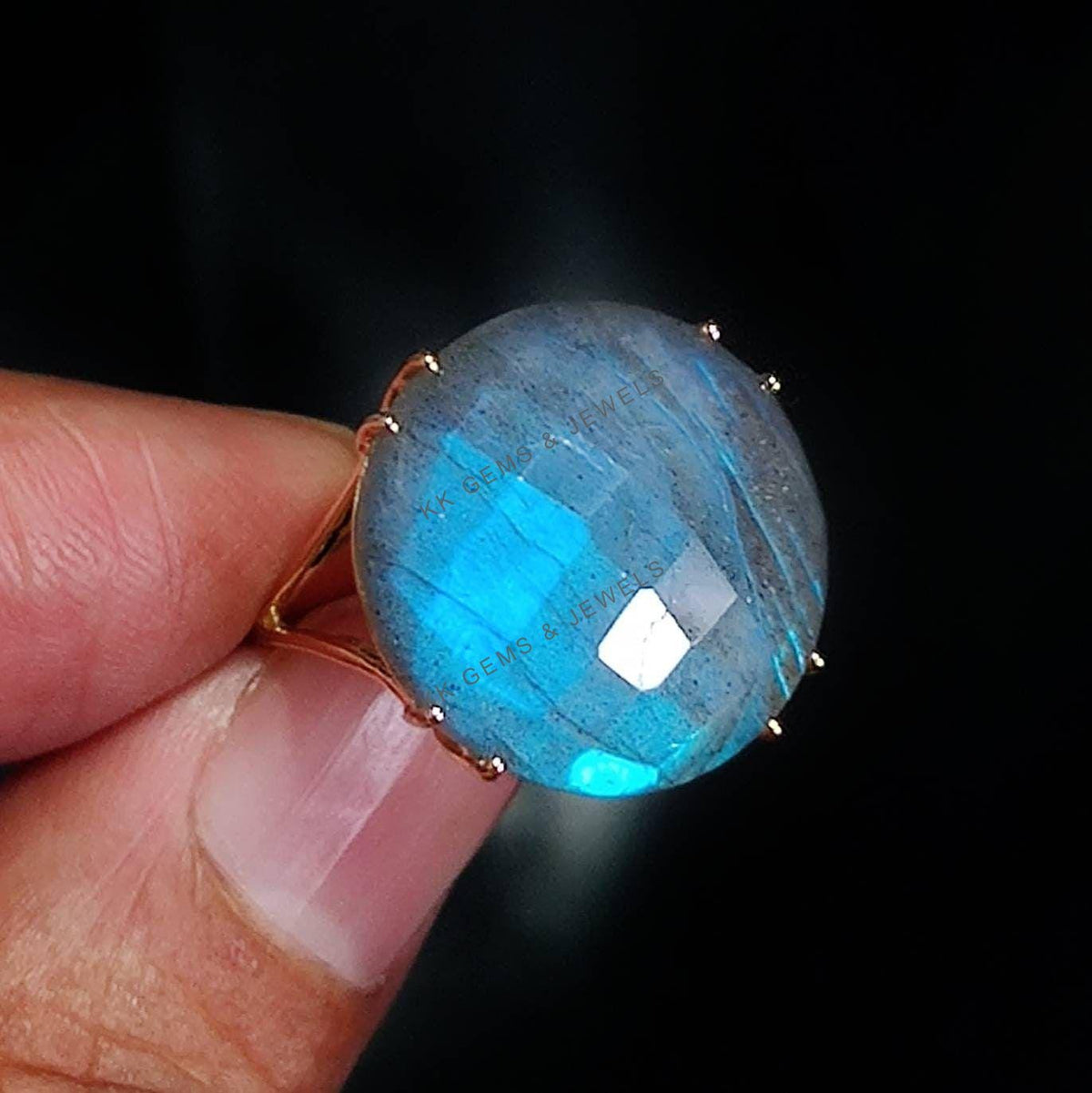 14K Solid Gold Natural Labradorite Ring, Round Gemstone, August Birthstone
