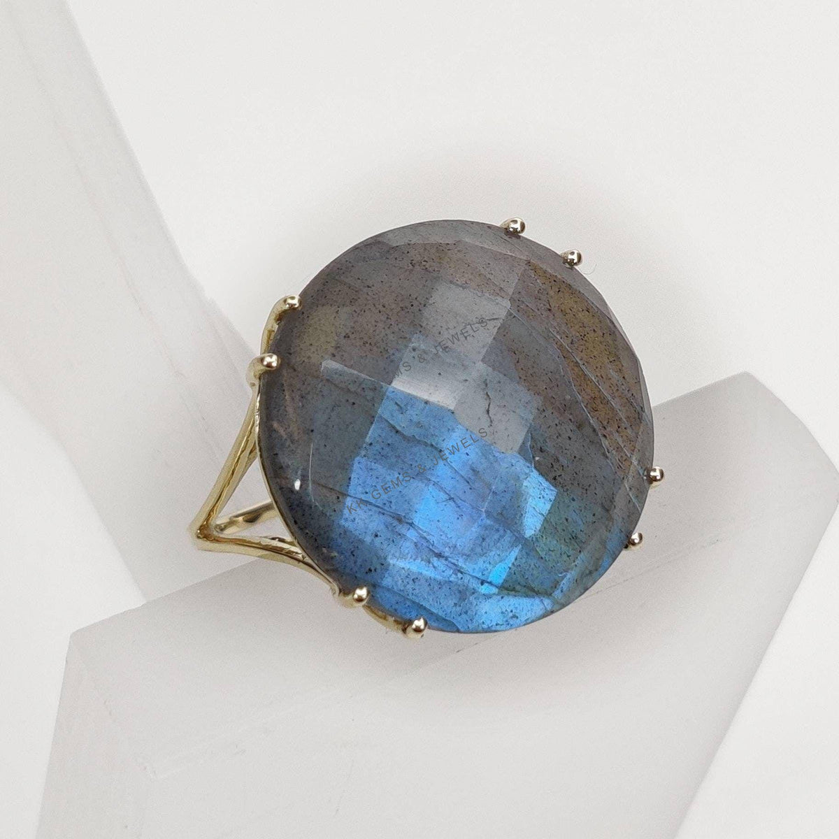 14K Solid Gold Natural Labradorite Ring, Round Gemstone, August Birthstone