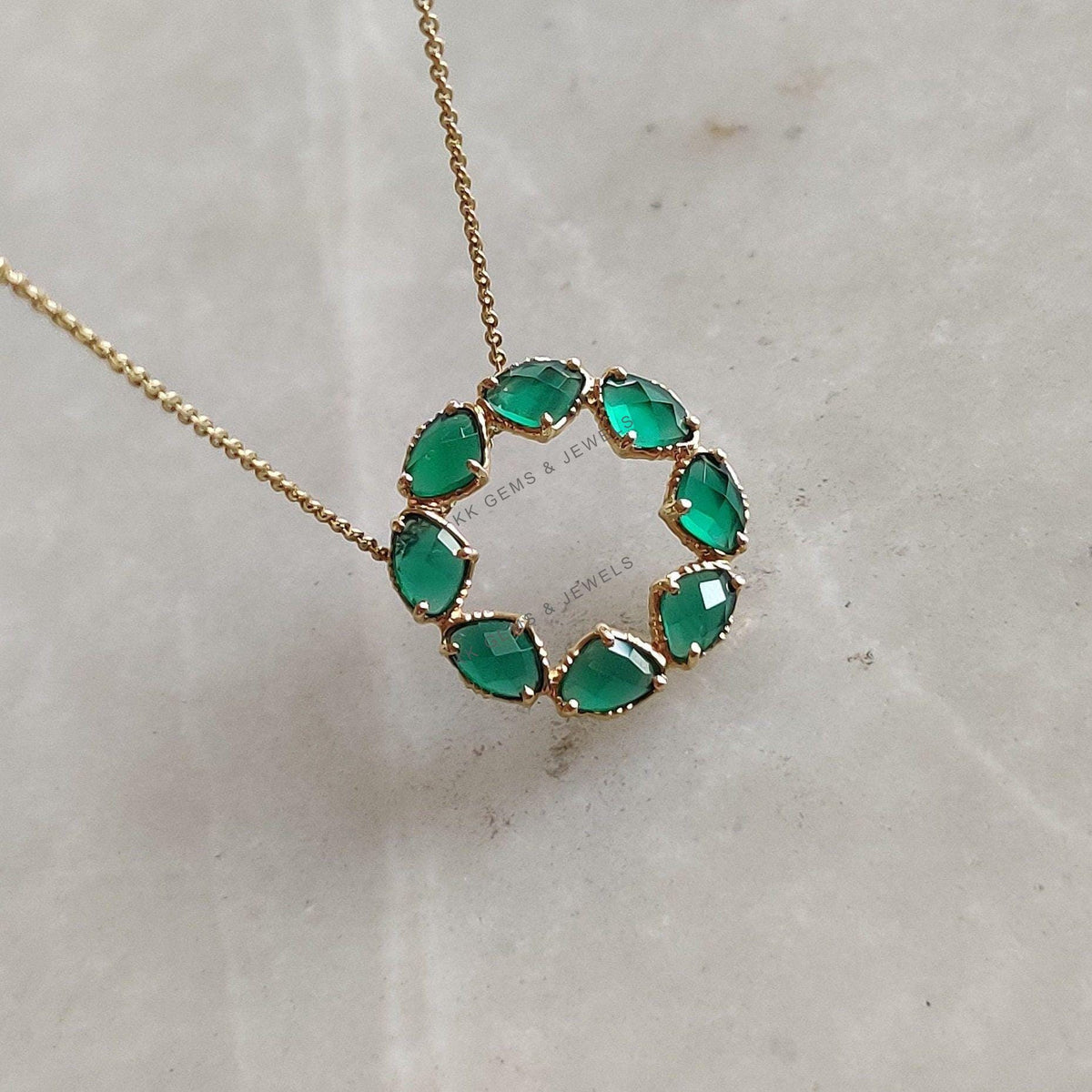 14K Solid Gold Natural Green Onyx Fancy Chain Necklace, May Birthstone