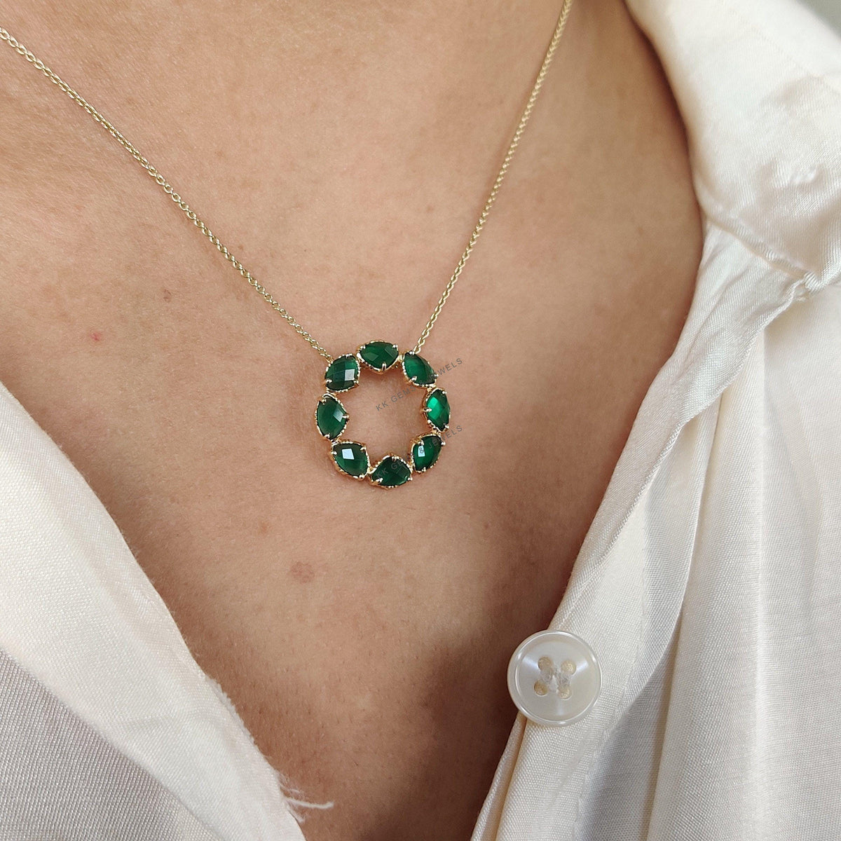 14K Solid Gold Natural Green Onyx Fancy Chain Necklace, May Birthstone