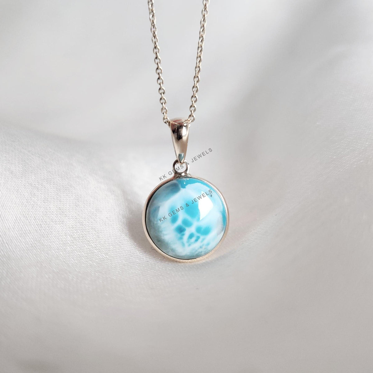 14K Solid Yellow Gold Natural Larimar Pendant: Round Cabochon, February March Birthstone