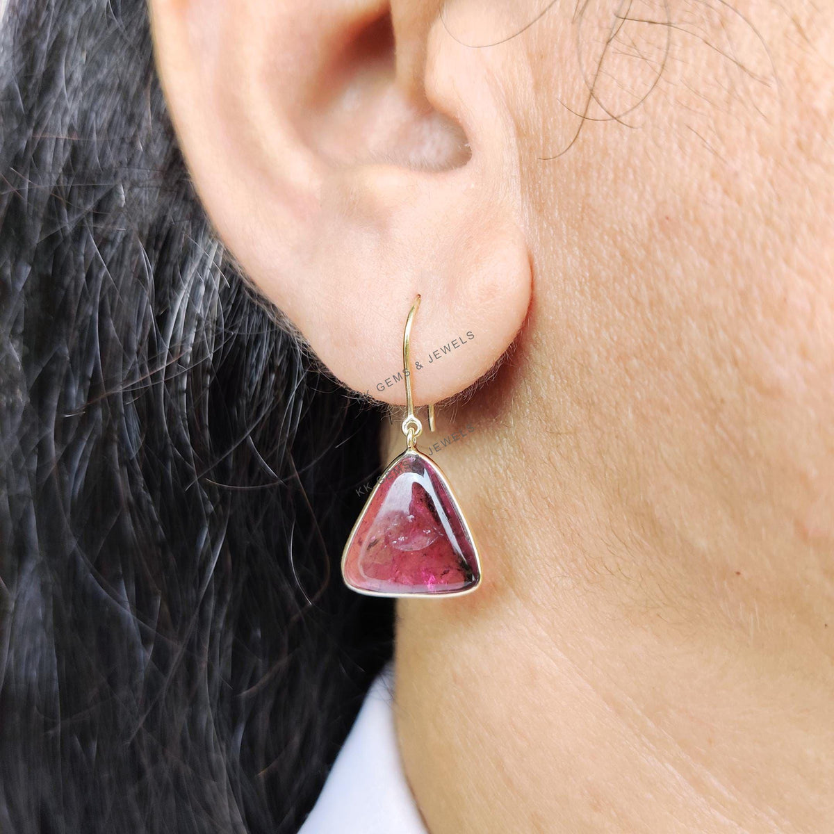 Natural Rubellite Pink Tourmaline Trillion Earrings, 14K Solid Yellow Gold Bezel Set