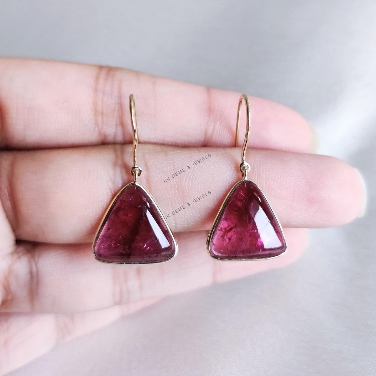 Natural Rubellite Pink Tourmaline Trillion Earrings, 14K Solid Yellow Gold Bezel Set