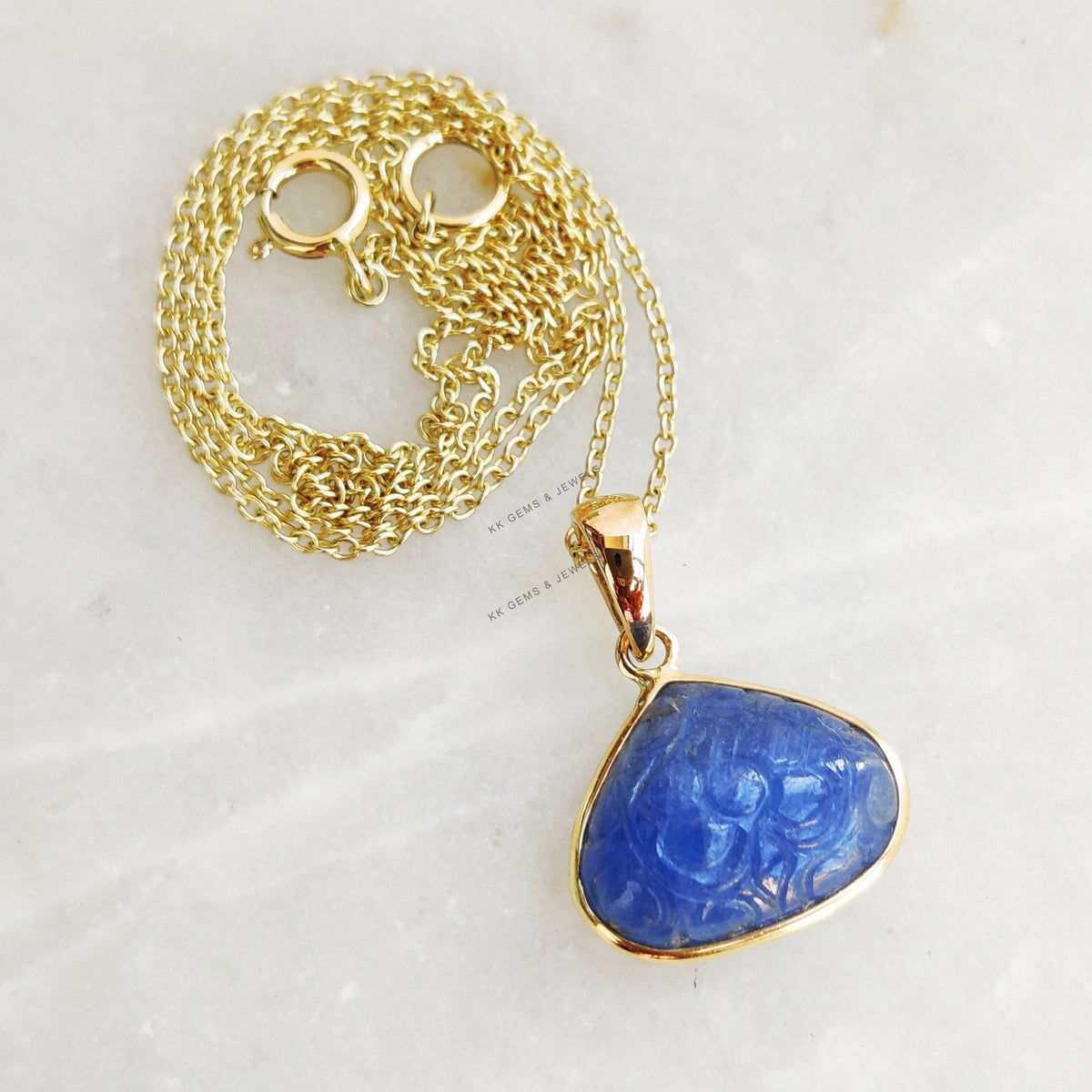 Natural Carving Blue Sapphire 14K Solid Yellow Gold Bezel Pendant, September Birthstone, Christmas Present