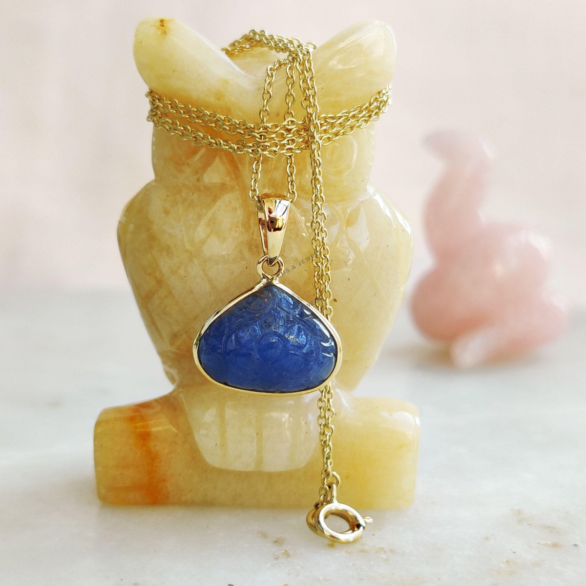 Natural Carving Blue Sapphire 14K Solid Yellow Gold Bezel Pendant, September Birthstone, Christmas Present