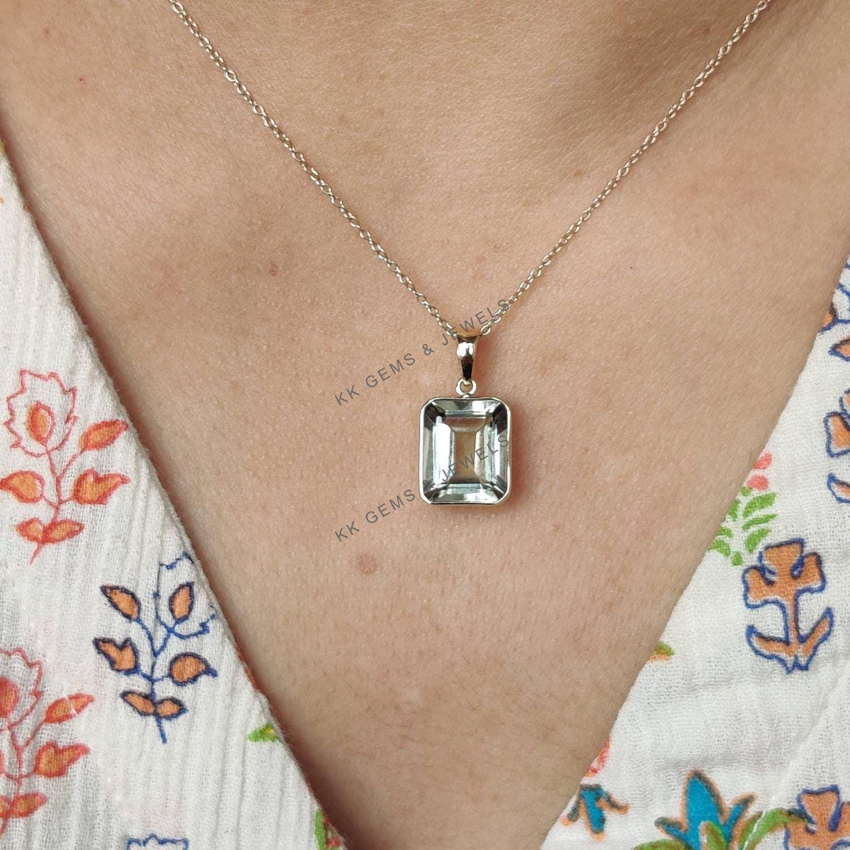 Natural Green Amethyst Octagon Bezel Pendant, 14K Solid Yellow Gold, February Birthstone