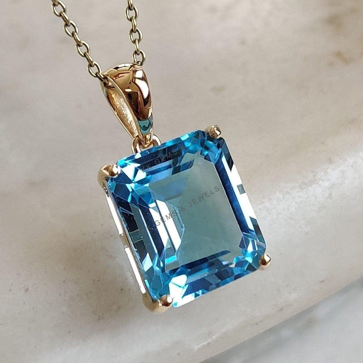 14K Solid Gold Natural Swiss Blue Topaz Pendant, Octagon December Birthstone