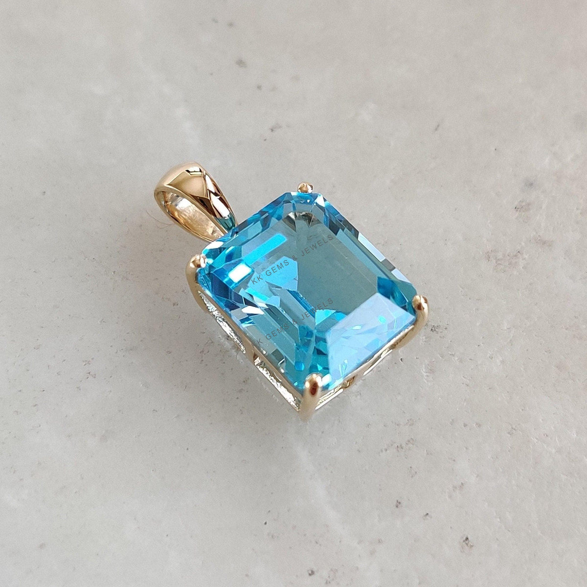 14K Solid Gold Natural Swiss Blue Topaz Pendant, Octagon December Birthstone