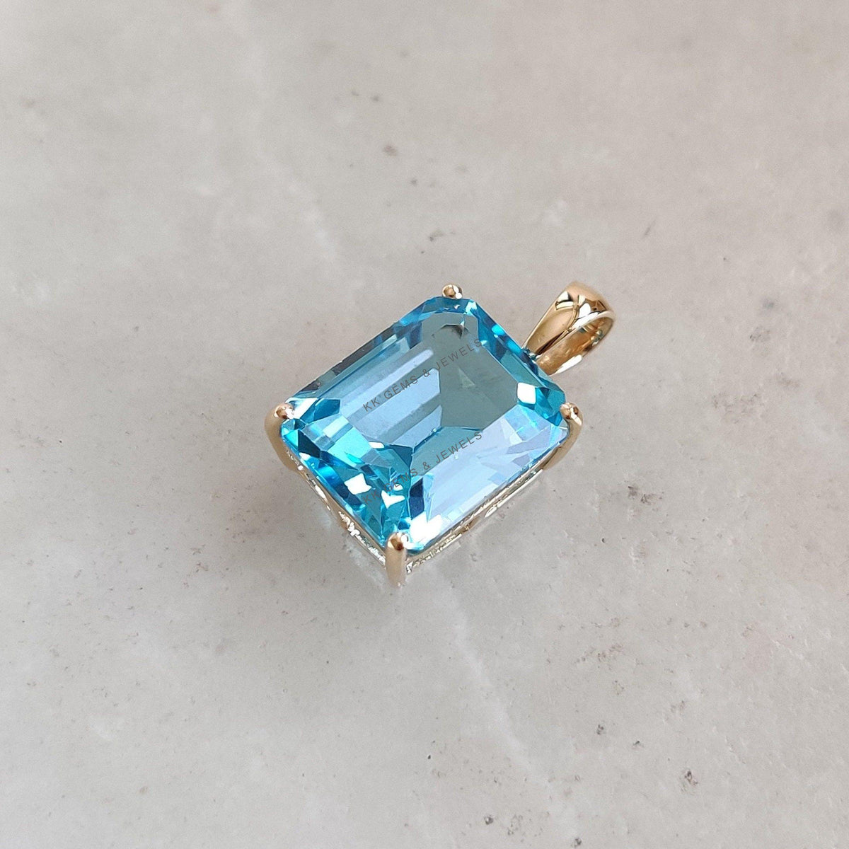 14K Solid Gold Natural Swiss Blue Topaz Pendant, Octagon December Birthstone