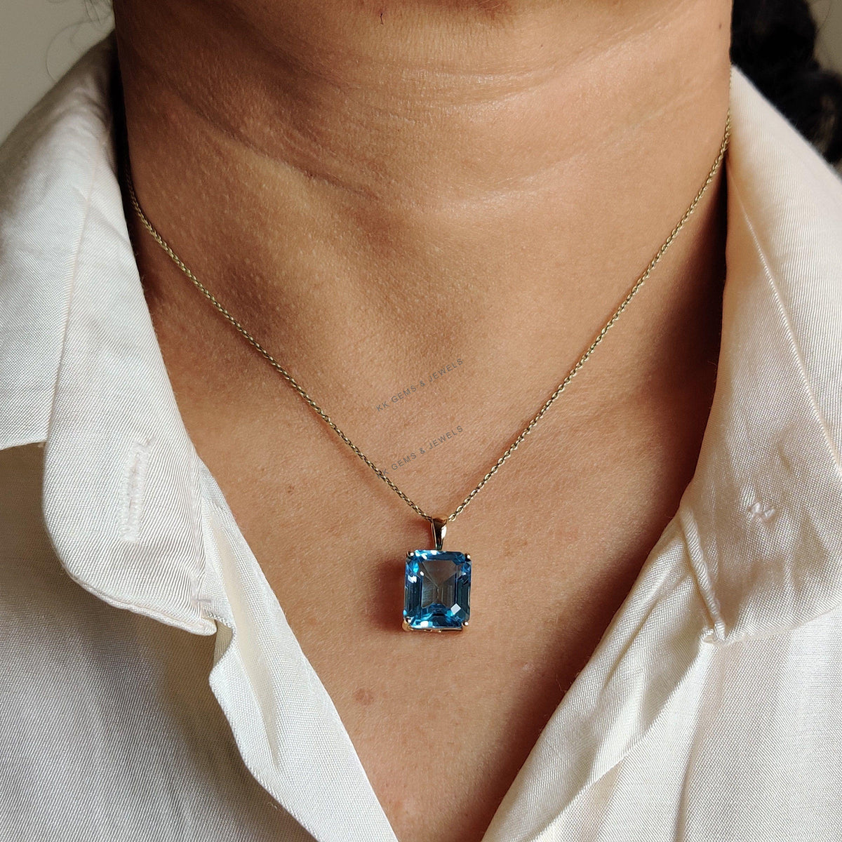 14K Solid Gold Natural Swiss Blue Topaz Pendant, Octagon December Birthstone
