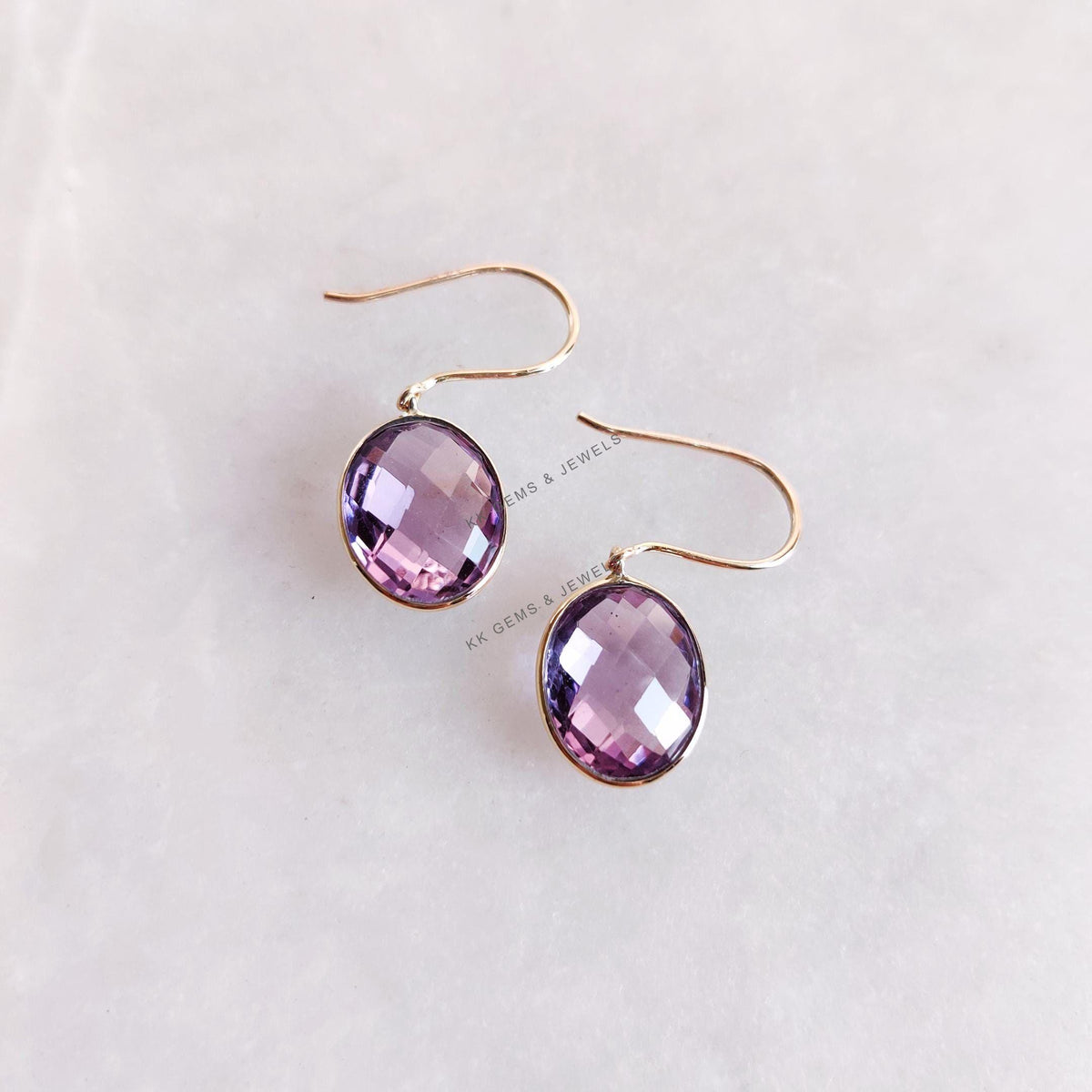14K Solid Gold Natural Purple Amethyst Earrings, February Birthstone, Oval Briolette