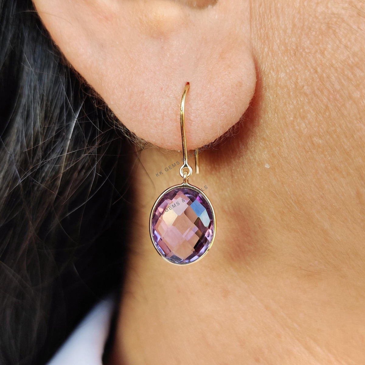 14K Solid Gold Natural Purple Amethyst Earrings, February Birthstone, Oval Briolette