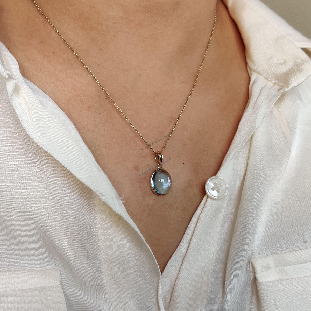 14K Solid Gold Natural Sky Blue Topaz Pendant, Bezel Setting, December Birthstone