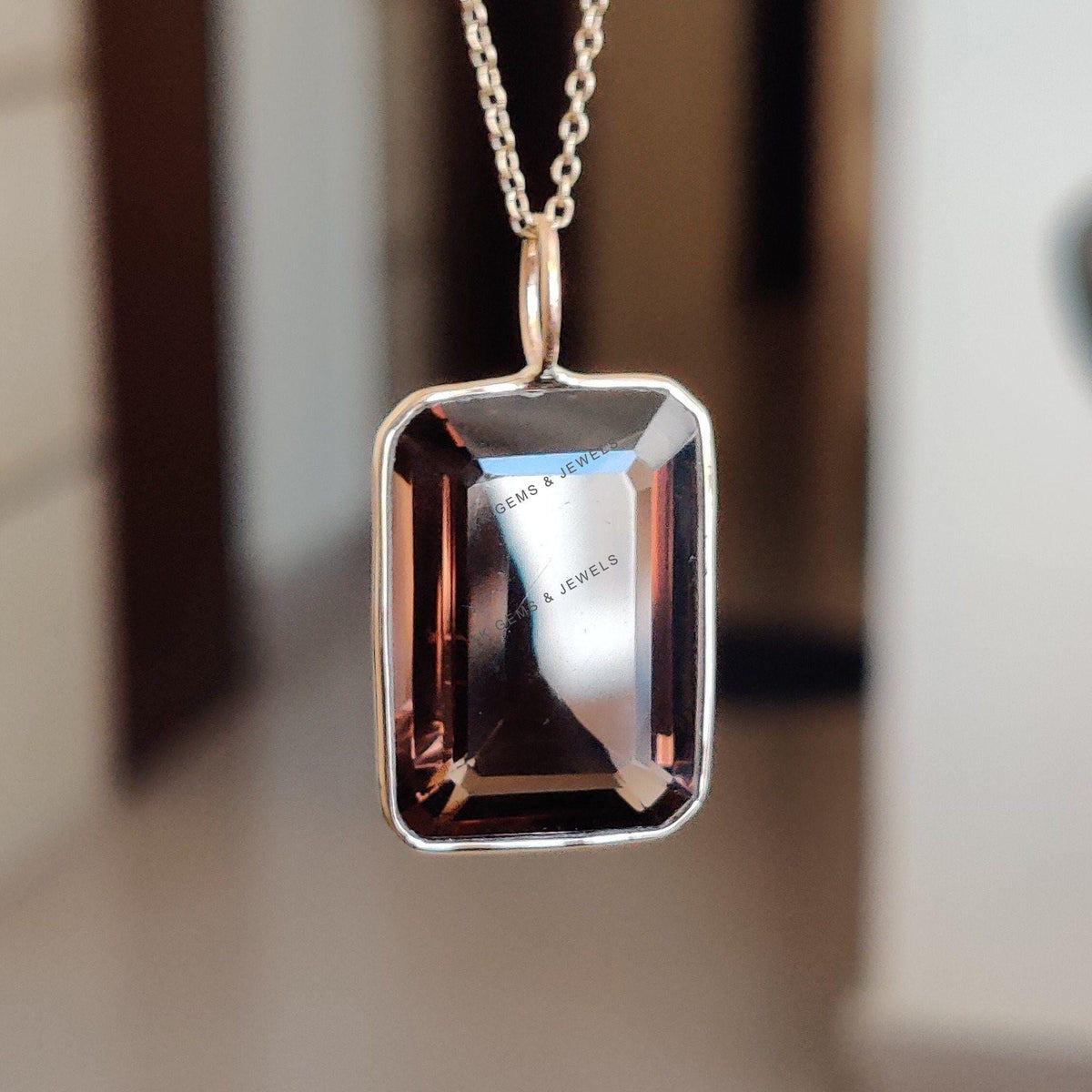 14K Solid Yellow Gold Natural Smoky Quartz Bezel Pendant, Octagon Gemstone