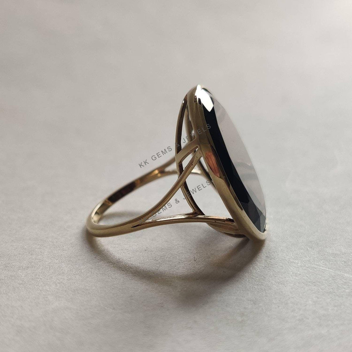 Natural Smoky Quartz Round Flat Cut Ring, 14K Solid Yellow Gold, June Birthstone