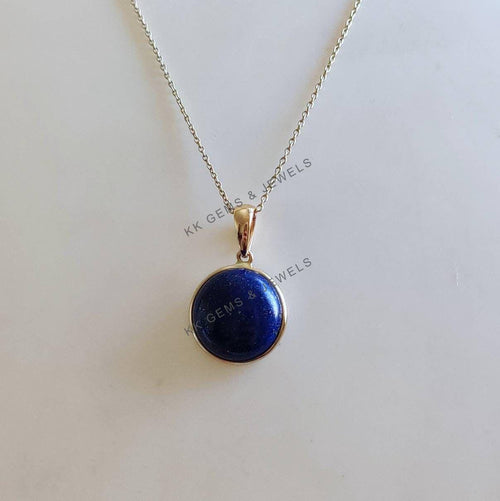 14K Solid Gold Natural Lapis Lazuli Pendant, Round Bezel, September Birthstone