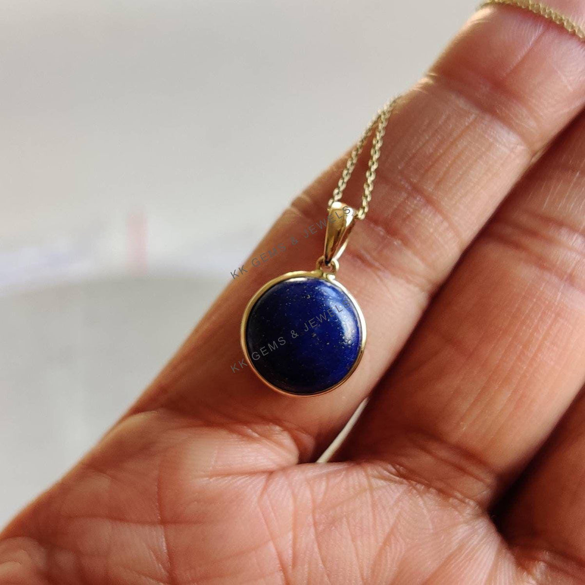 14K Solid Gold Natural Lapis Lazuli Pendant, Round Bezel, September Birthstone
