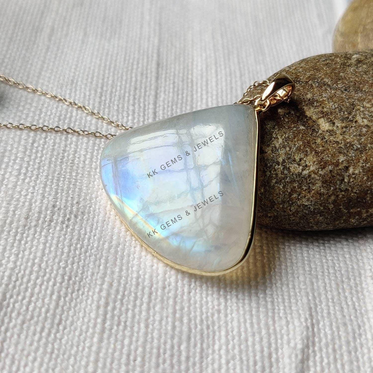 Natural Rainbow Moonstone Trillion Pendant, 14K Solid Yellow Gold Bezel