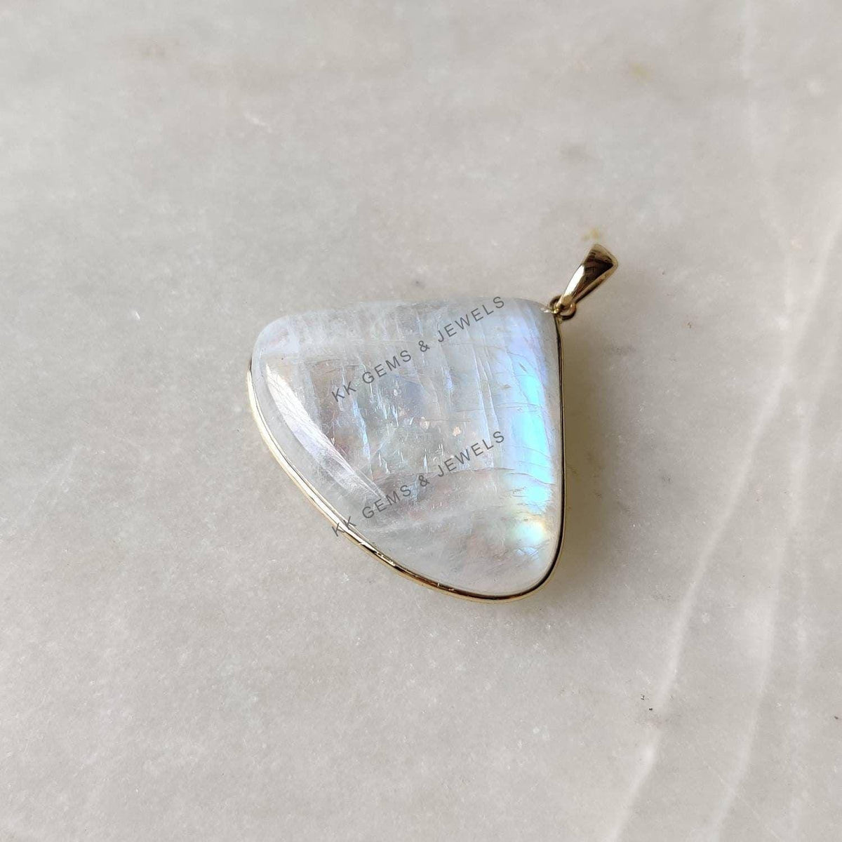 Natural Rainbow Moonstone Trillion Pendant, 14K Solid Yellow Gold Bezel