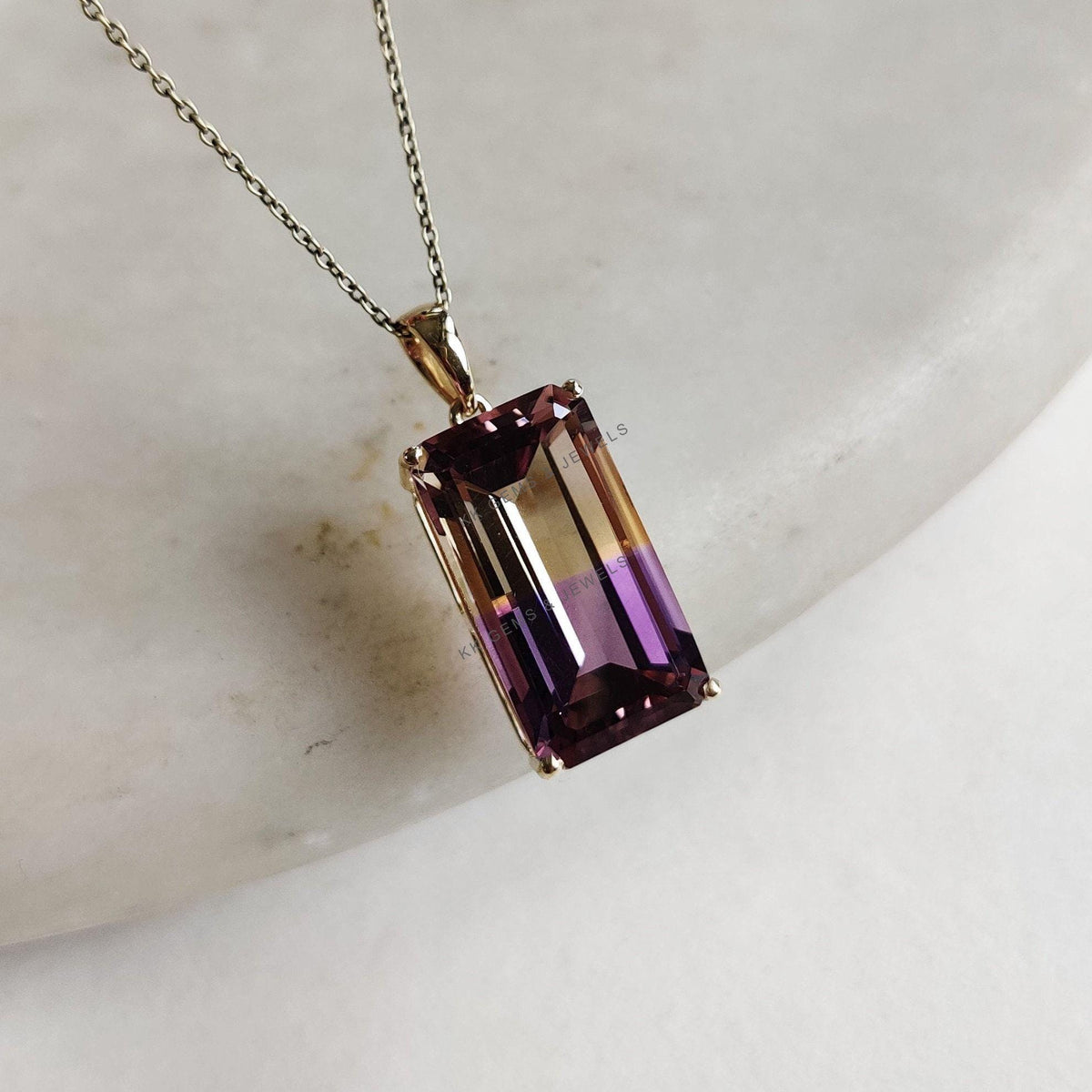 Natural Ametrine Pendant, 14K Solid Yellow Gold, Rectangle Octagon Gemstone