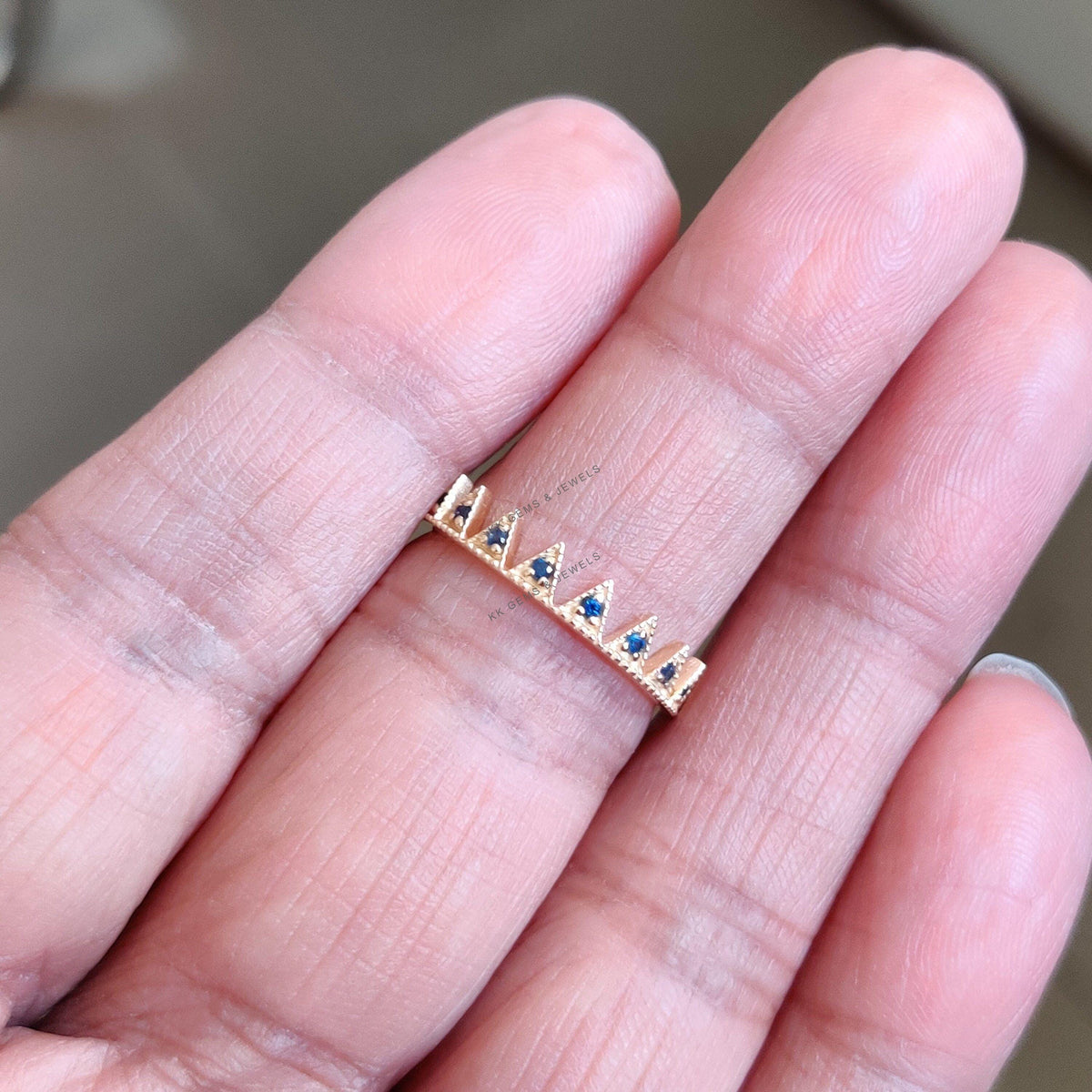 14K Solid Yellow Gold Natural Blue Sapphire Crown Ring, September Birthstone Jewelry