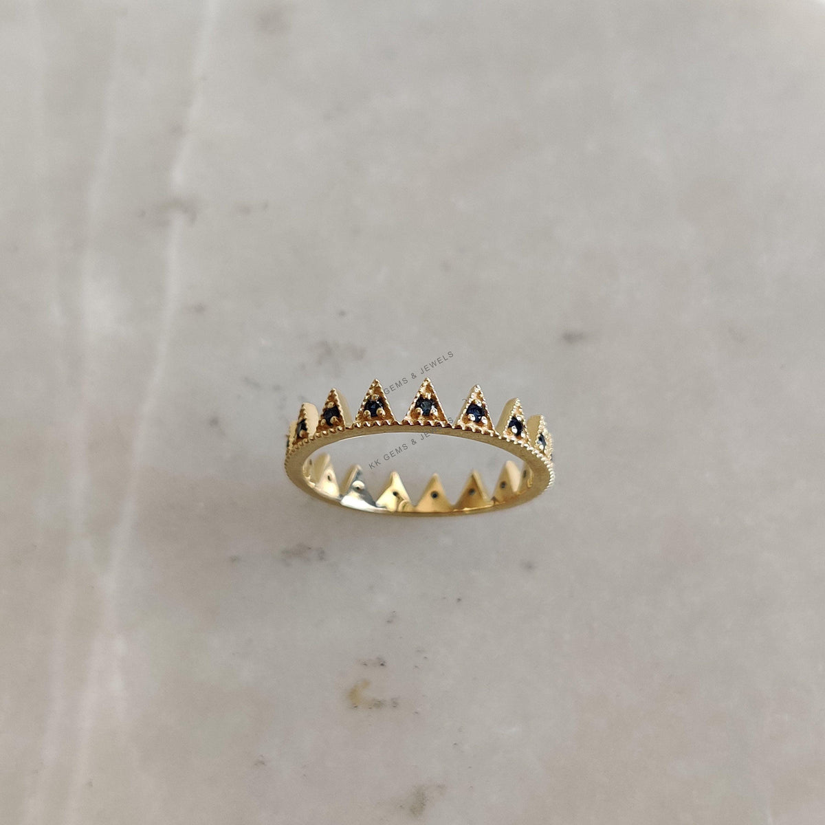 14K Solid Yellow Gold Natural Blue Sapphire Crown Ring, September Birthstone Jewelry