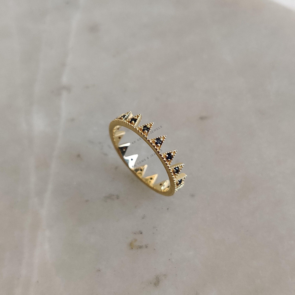 14K Solid Yellow Gold Natural Blue Sapphire Crown Ring, September Birthstone Jewelry