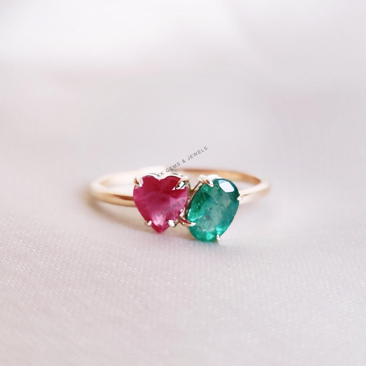 Natural Emerald & Ruby Heart Ring, 14K Solid Yellow Gold Toi et Moi Ring