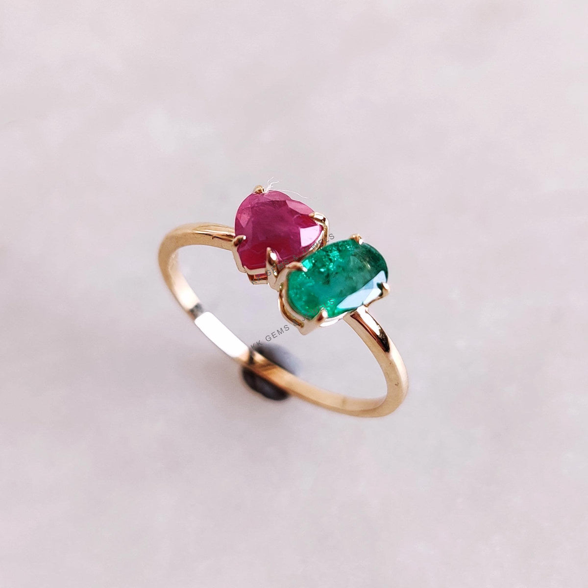 Natural Emerald & Ruby Heart Ring, 14K Solid Yellow Gold Toi et Moi Ring