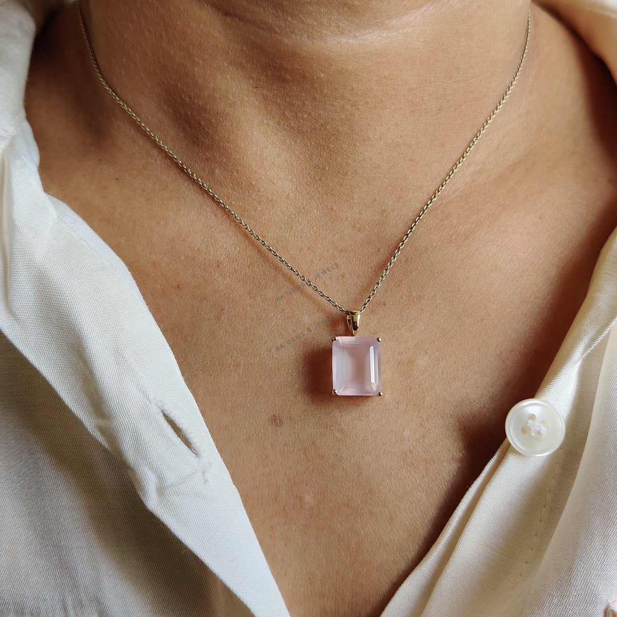 14K Solid Yellow Gold Natural Rose Quartz Pendant, Octagon Gemstone, January Birthstone