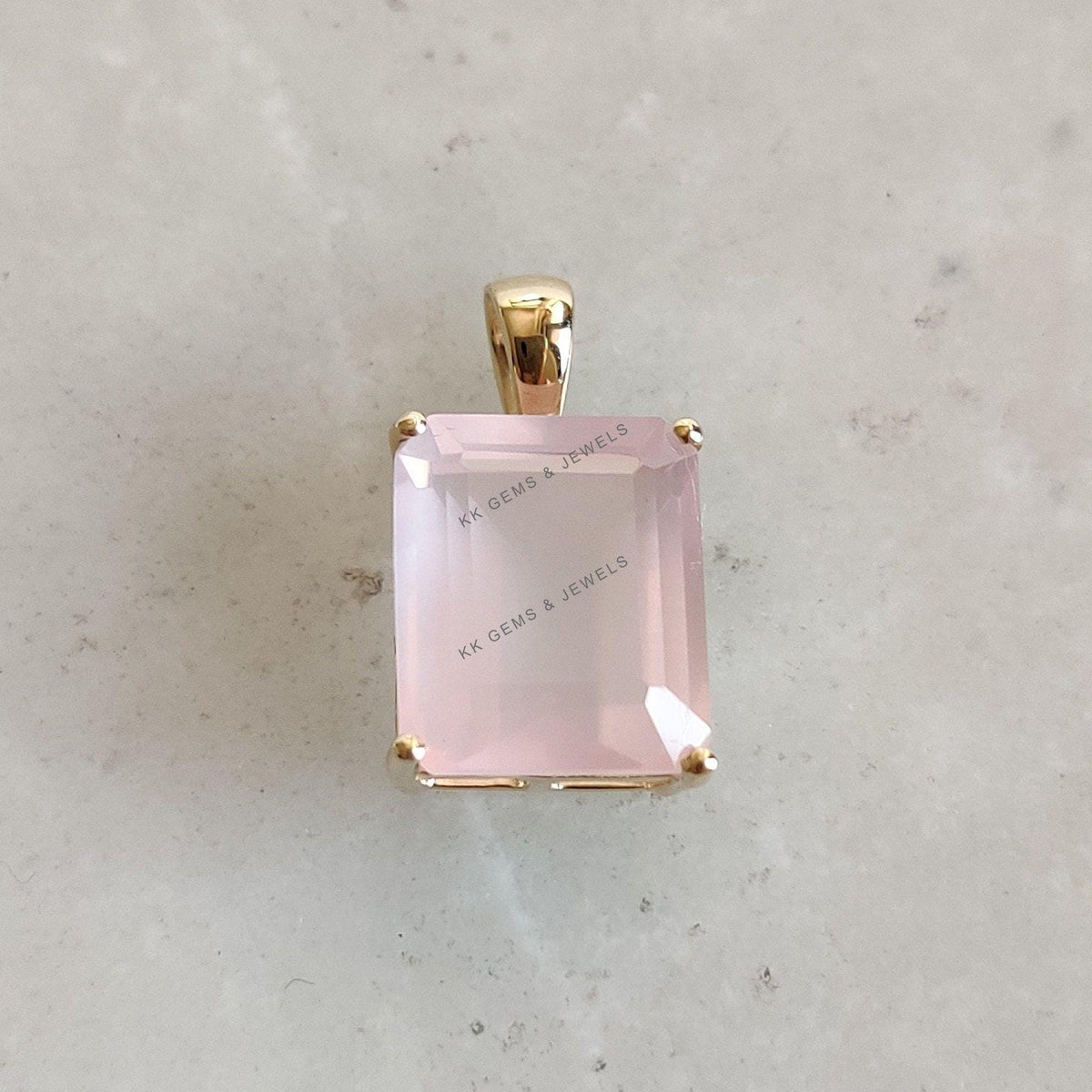 14K Solid Yellow Gold Natural Rose Quartz Pendant, Octagon Gemstone, January Birthstone