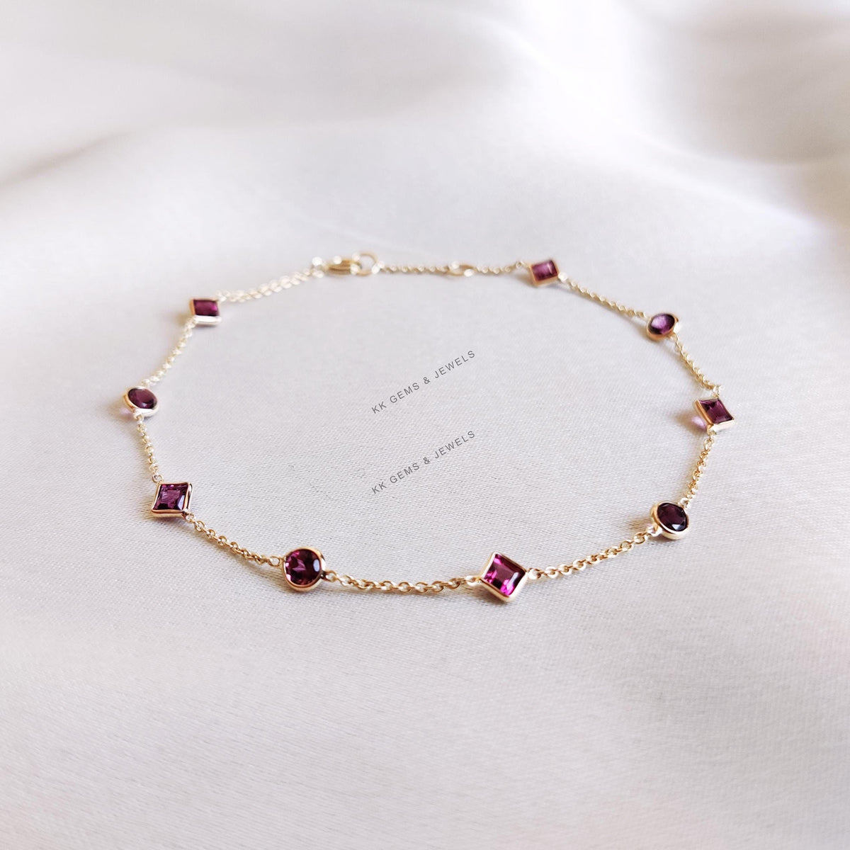Natural Rhodolite Garnet Bracelet: 14K Solid Yellow Gold, January Birthstone