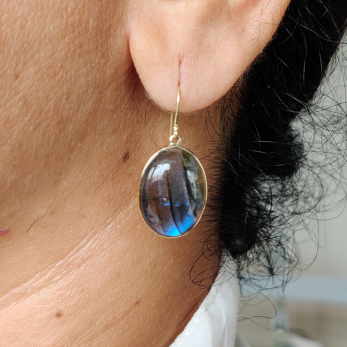 14K Solid Gold Natural Labradorite Drop Earrings, Oval Cabochon, November Birthstone