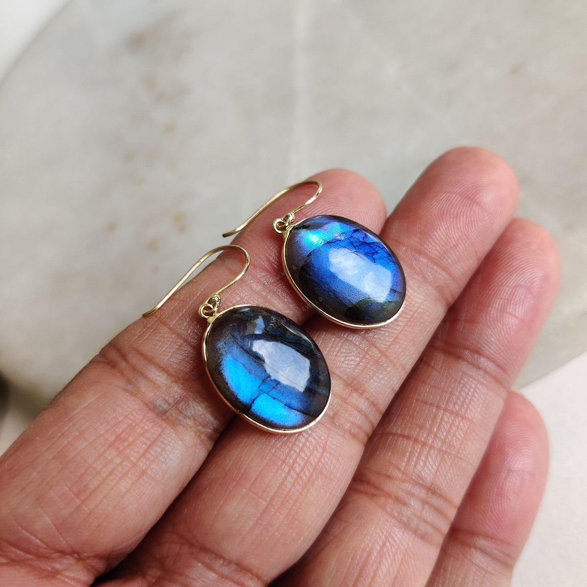 14K Solid Gold Natural Labradorite Drop Earrings, Oval Cabochon, November Birthstone