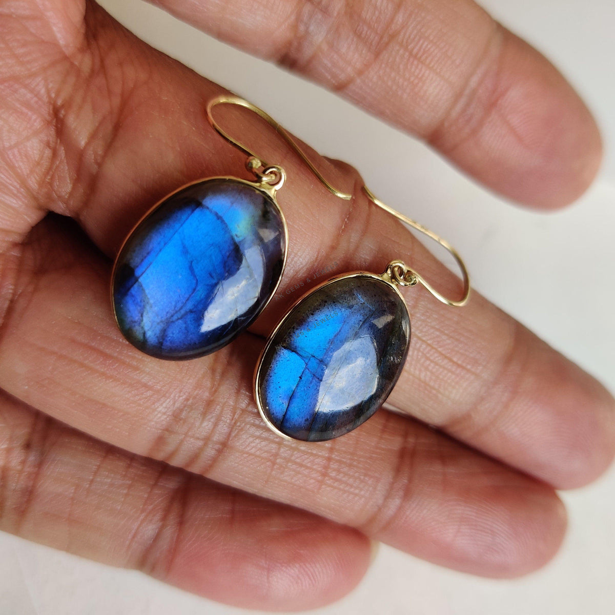 14K Solid Gold Natural Labradorite Drop Earrings, Oval Cabochon, November Birthstone
