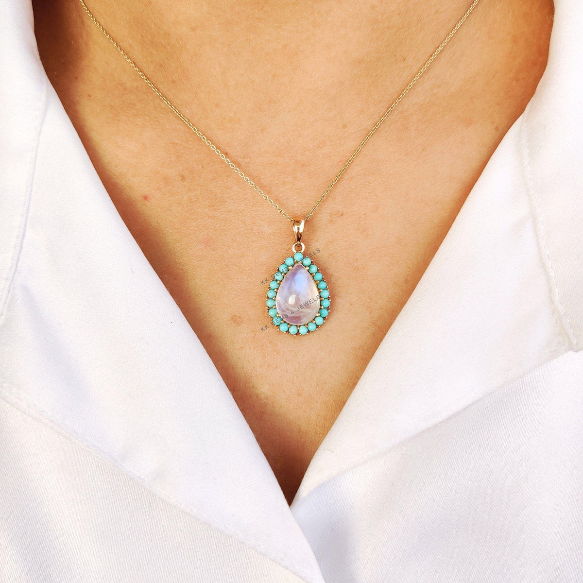 Natural Rainbow Moonstone & Turquoise Pendant, 14K Solid Gold, June December Birthstone