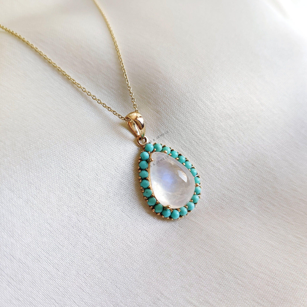 Natural Rainbow Moonstone & Turquoise Pendant, 14K Solid Gold, June December Birthstone