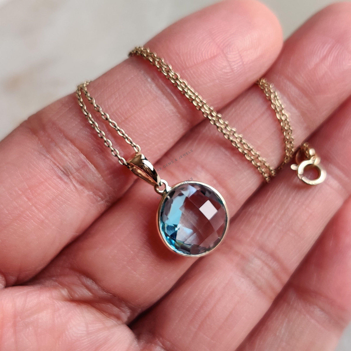 Natural Sky Blue Topaz Pendant, 14K Solid Yellow Gold Bezel Pendant, December Birthstone