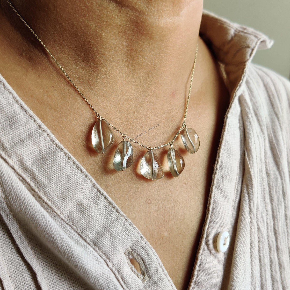 14K Solid Gold Natural Green Amethyst Drill Chain Necklace, February Birthstone