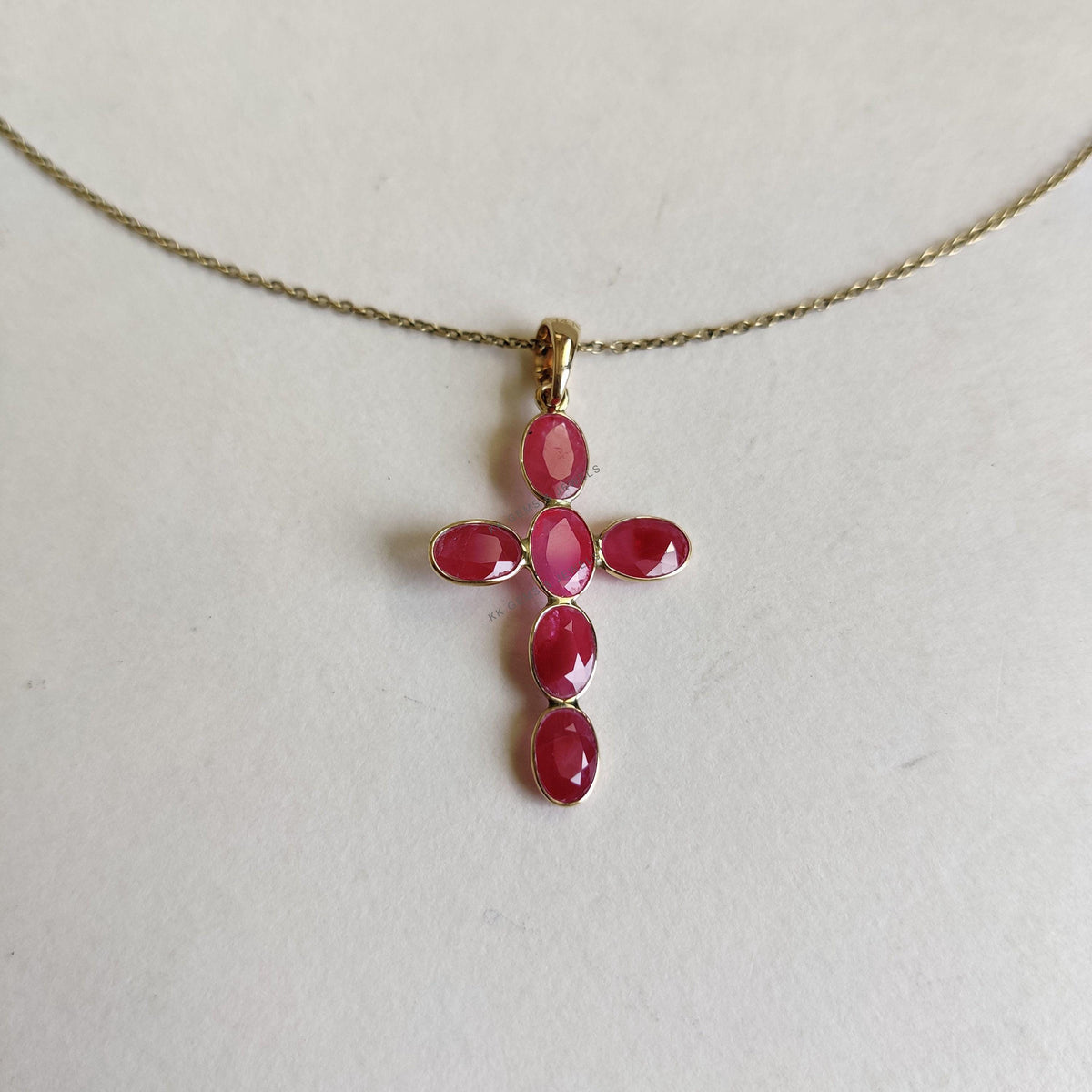 14K Solid Yellow Gold Natural Ruby Cross Pendant, July Birthstone