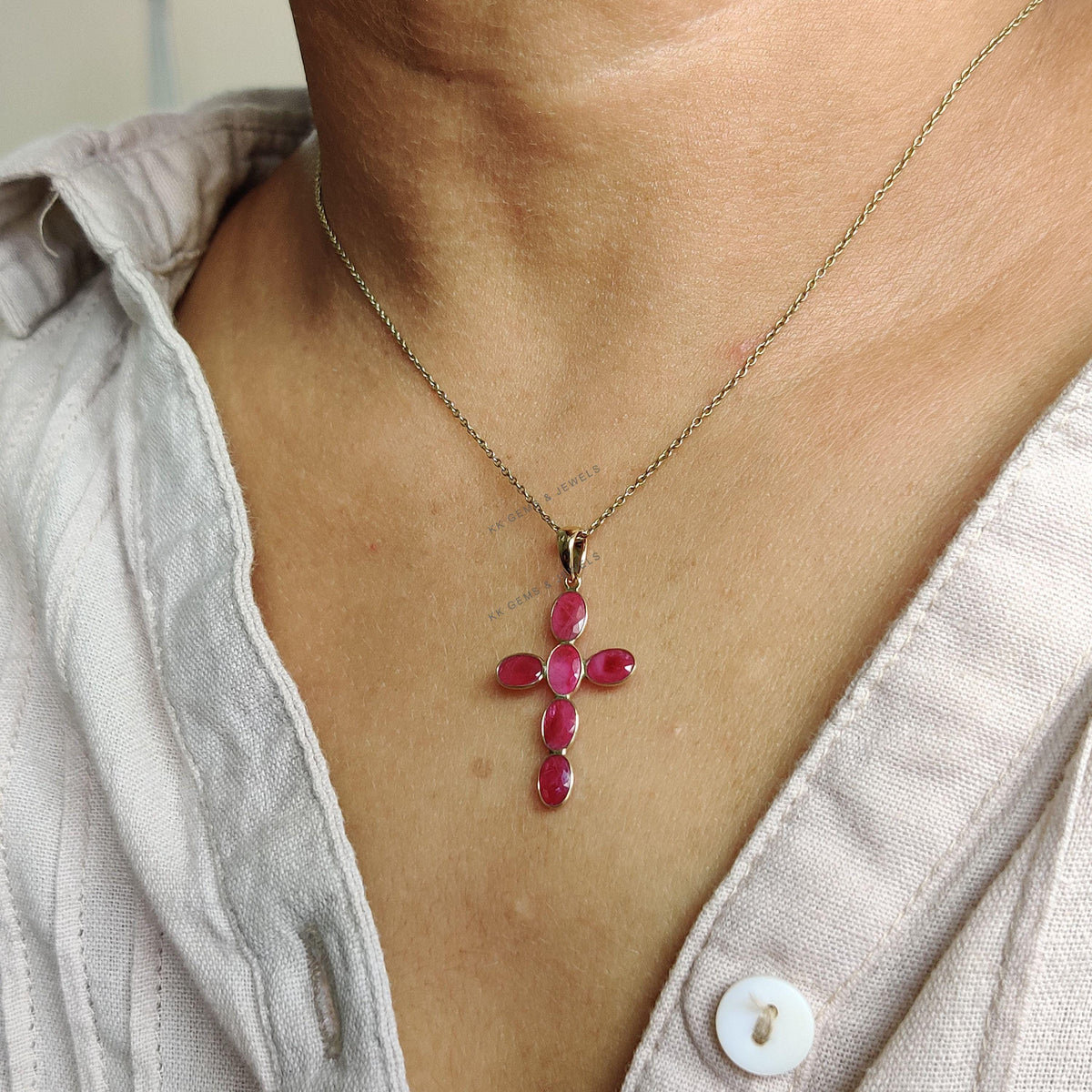 14K Solid Yellow Gold Natural Ruby Cross Pendant, July Birthstone