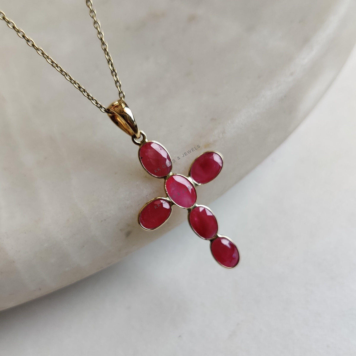 14K Solid Yellow Gold Natural Ruby Cross Pendant, July Birthstone
