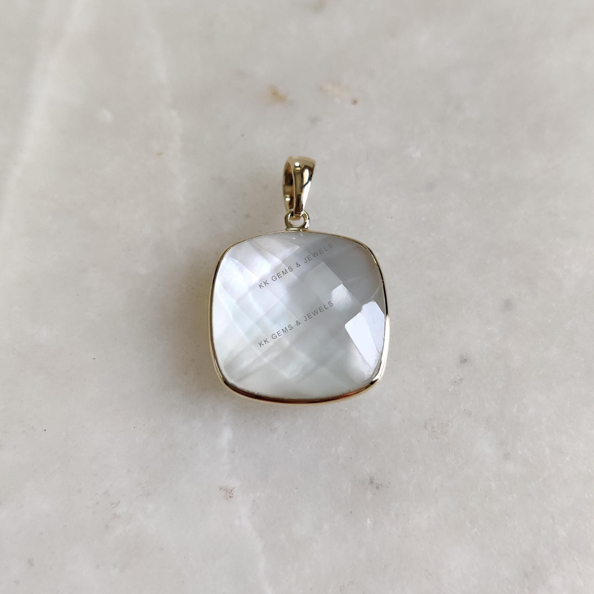 14K Solid Yellow Gold Natural Mother of Pearl Doublet Pendant, Square Cushion Briolette Bezel