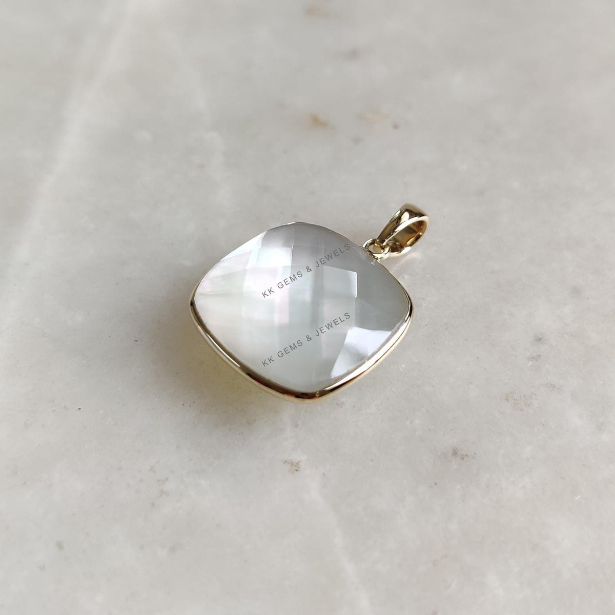 14K Solid Yellow Gold Natural Mother of Pearl Doublet Pendant, Square Cushion Briolette Bezel