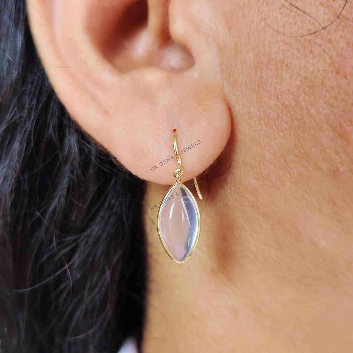 14K Solid Yellow Gold Natural Rose Quartz Marquise Earrings, January Birthstone, Christmas Present
