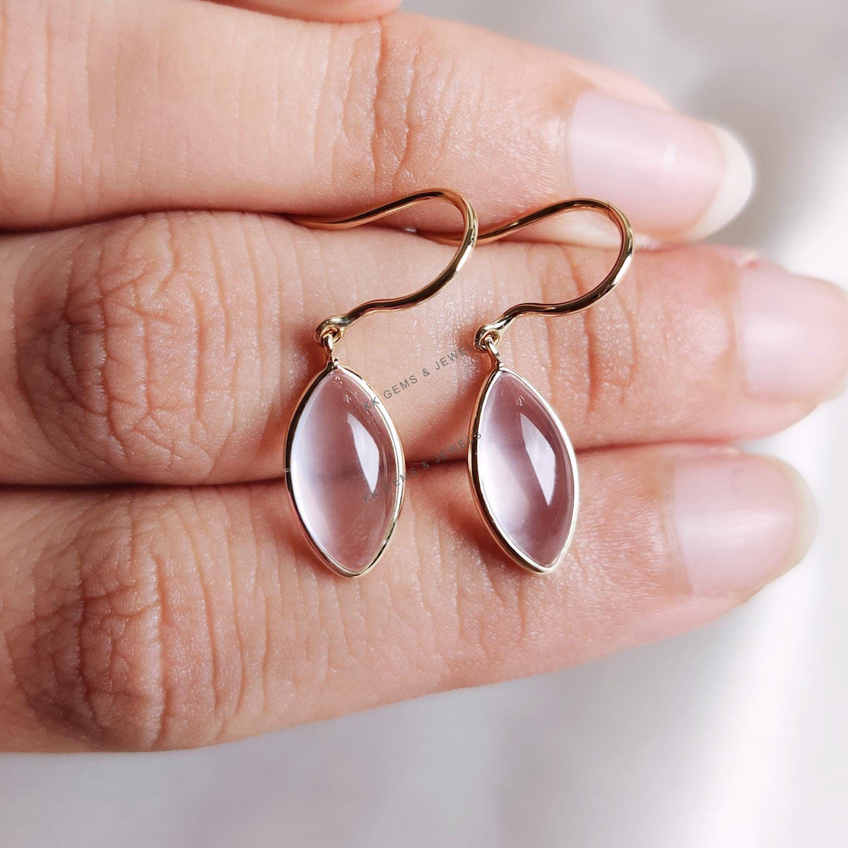 14K Solid Yellow Gold Natural Rose Quartz Marquise Earrings, January Birthstone, Christmas Present