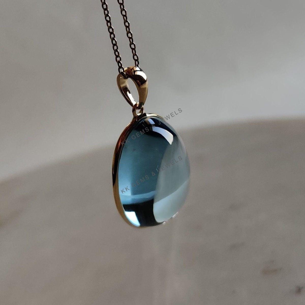 14K Solid Gold Natural Sky Blue Topaz Pendant: December Birthstone Jewelry