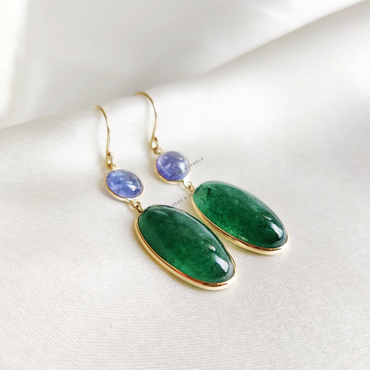 Natural Green Aventurine & Tanzanite 14K Solid Yellow Gold Earrings, December Birthstone